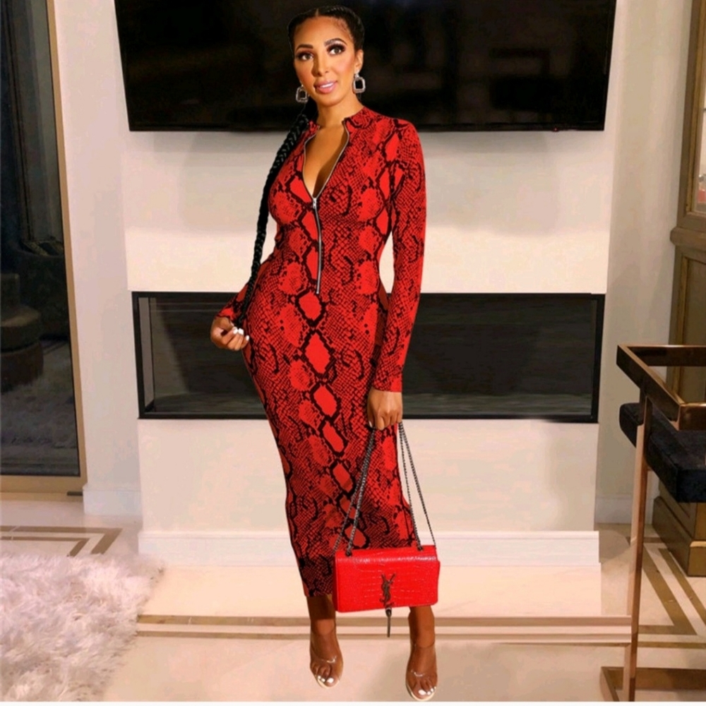 Red Snakeskin Print Zipper Dress